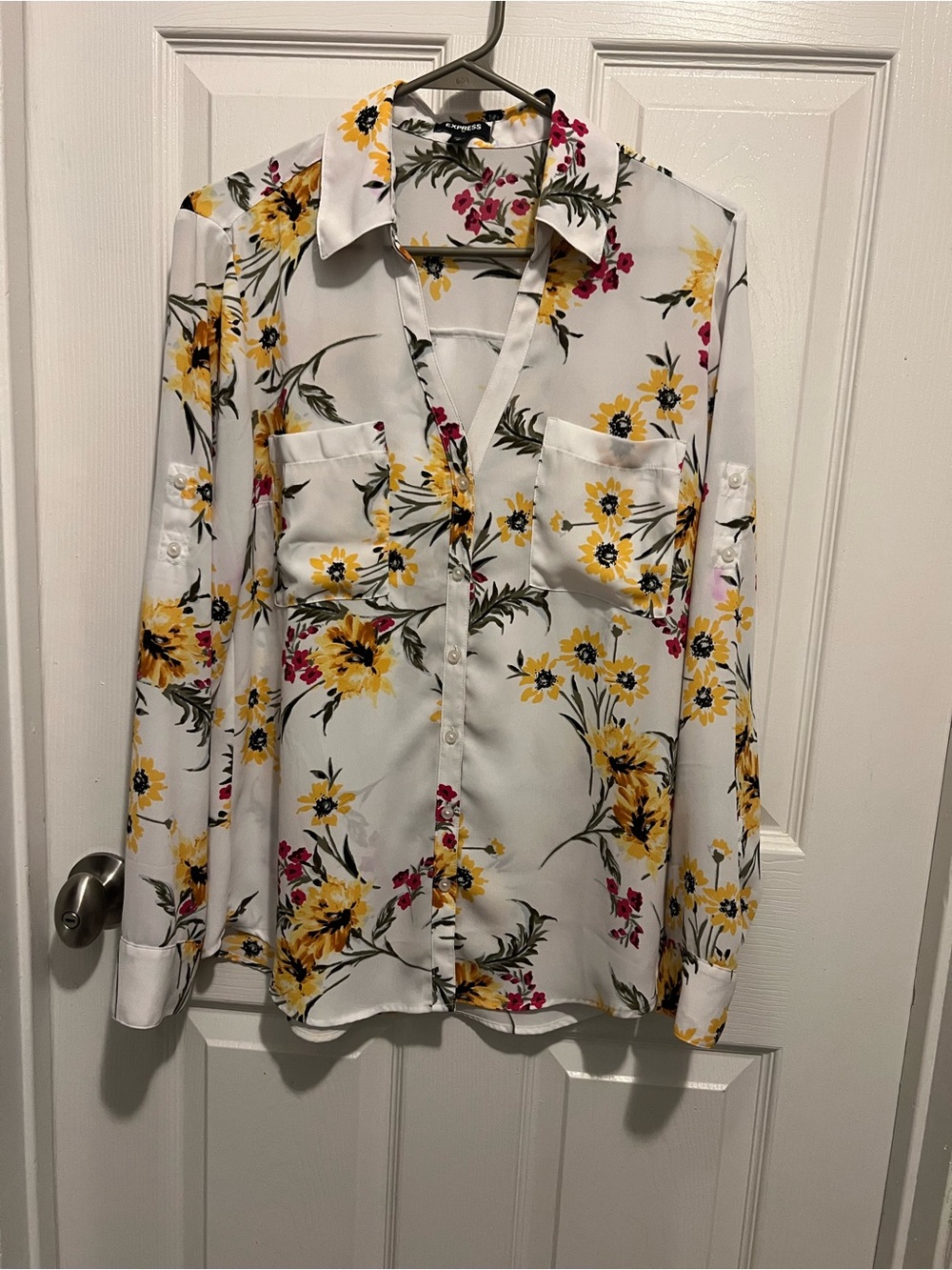 Express White Button-Down Shirt with Yellow & Pink Floral Print